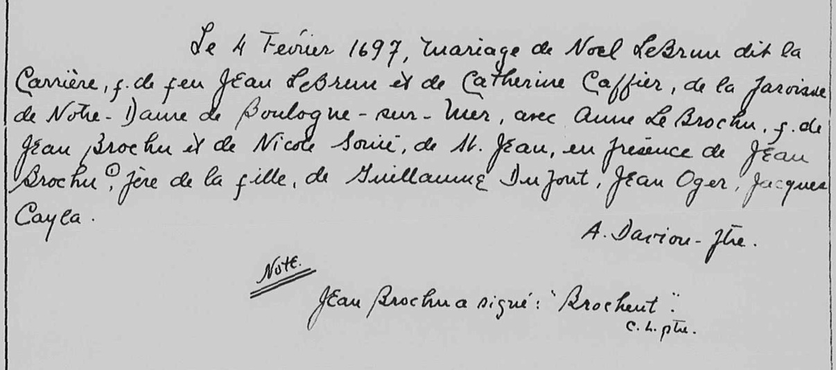 mariage de Noel Brem et Anne Brochu 4 f&eacute;evrier 1697, Saint-Jean, I.O.